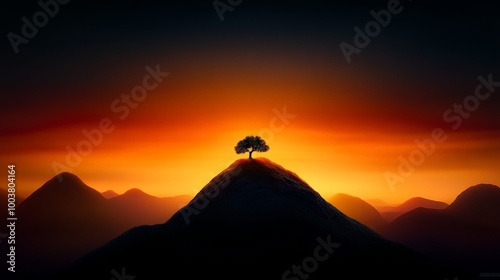 Solitary Tree on Hilltop at Sunset 