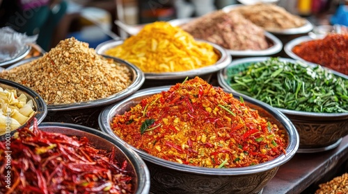 Colorful Spices and Herbs Displayed in Market