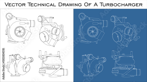 vector turbocharger engine technical drawing blueprints. turbo isolated in transparent background