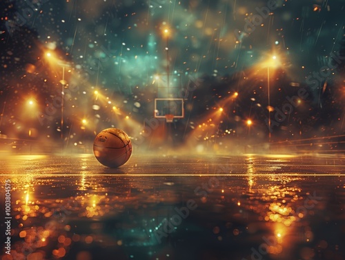 A basketball court with a ball in motion and stadium lights - ai