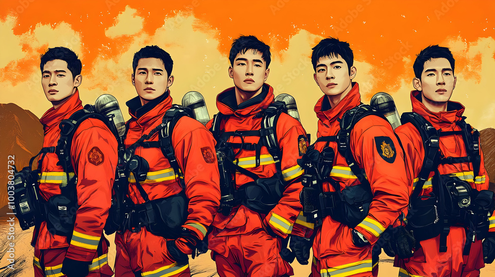 Firefighters Ready for Action in Red Uniforms Firefighters Ready for Action in Red Uniforms