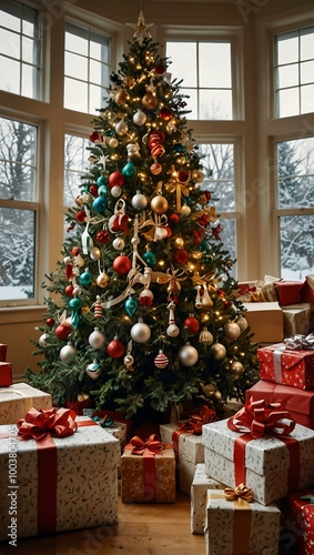 Beautifully decorated home for Christmas with a tree and presents.