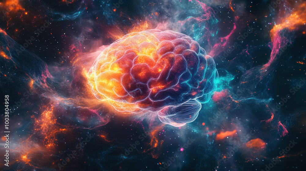 A vibrant illustration of a brain surrounded by colorful cosmic elements, representing thought, creativity, and the universe. A vibrant illustration of a brain surrounded by colorful cosmic elements, representing thought, creativity, and the universe.