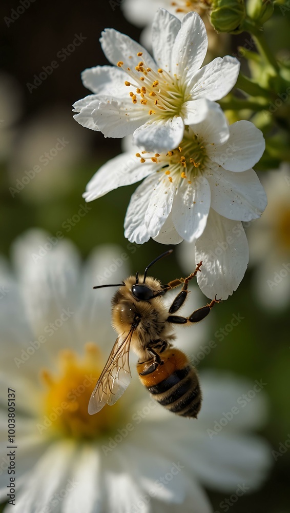 Bee collecting nectar from a white flower. Bee collecting nectar from a white flower.