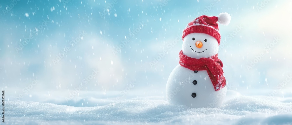 A snowman, dressed in a red scarf and hat, stands centrally in a snowy mound A snowman, dressed in a red scarf and hat, stands centrally in a snowy mound