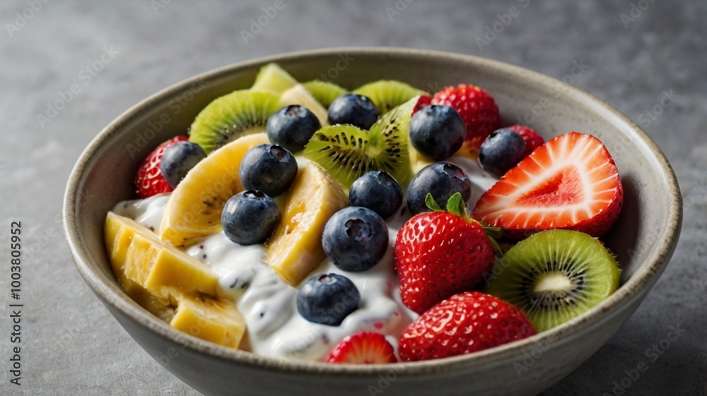 Bowl of fresh fruit salad, muesli and greek yogurt on gray background with free space for text Bowl of fresh fruit salad, muesli and greek yogurt on gray background with free space for text