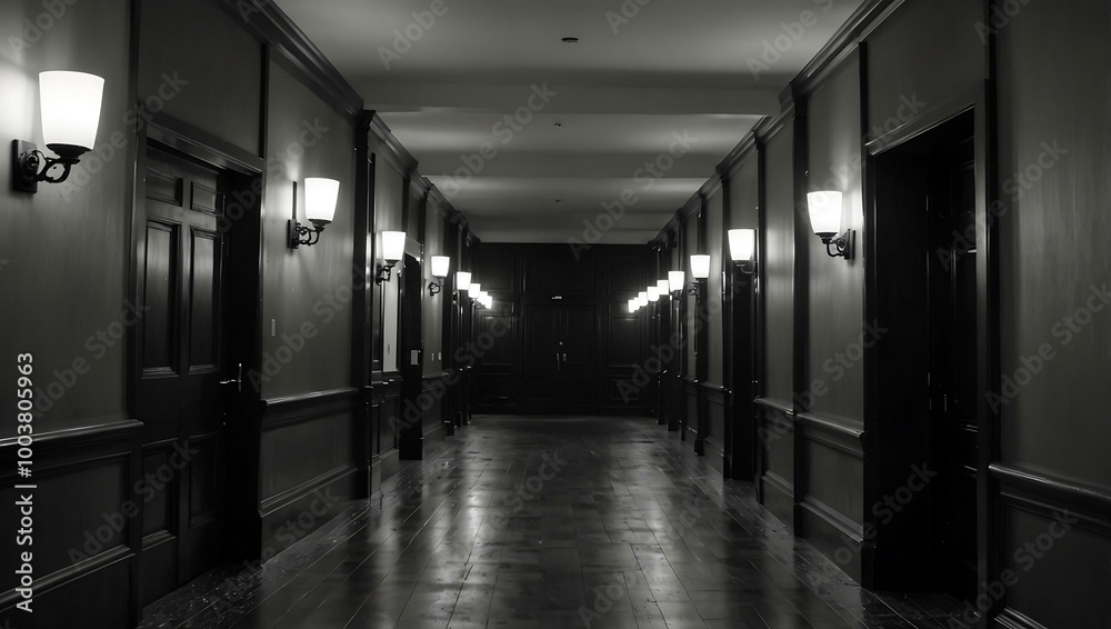 Black and white hotel corridor. Black and white hotel corridor.