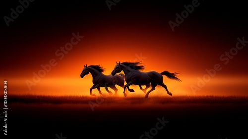 Horses Racing into the Sunset: A dramatic silhouette of two majestic horses galloping across a field as the sun sets in fiery hues. Their powerful strides and flowing manes evoke a sense of freedom.