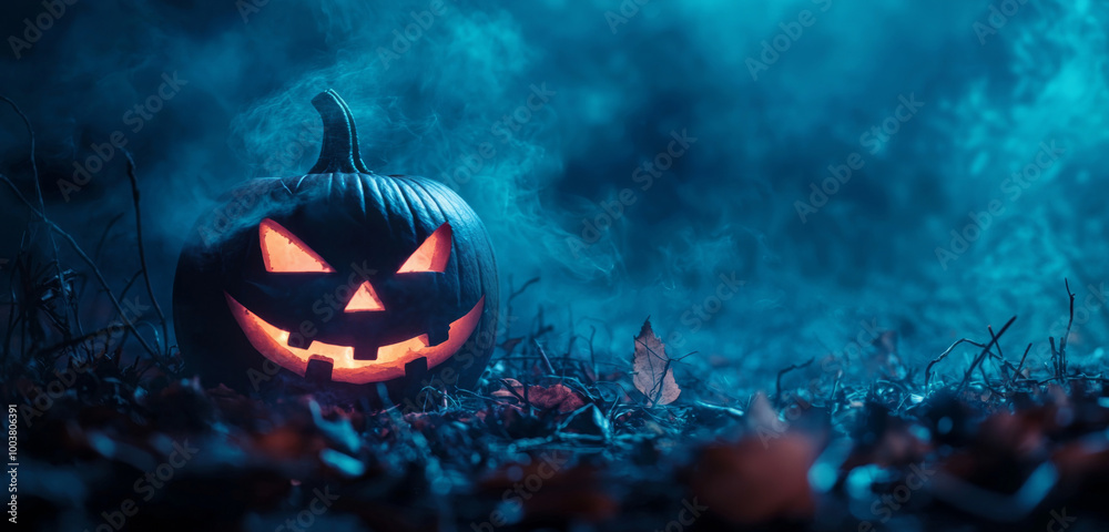 Naklejka premium A glowing jack-o-lantern in a misty forest on a Halloween night