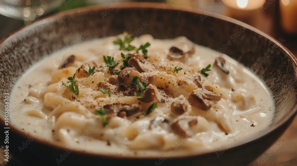 Creamy Mushroom Pasta in Rustic Bowl Setting Creamy Mushroom Pasta in Rustic Bowl Setting