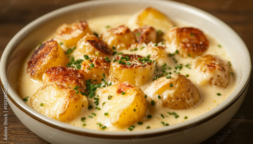 A bowl of golden-brown, skin-on potatoes in a creamy cheese sauce A bowl of golden-brown, skin-on potatoes in a creamy cheese sauce