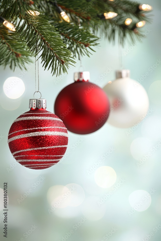 Two red and white ornaments hang from a Christmas tree against a backdrop of twinkling lights Two red and white ornaments hang from a Christmas tree against a backdrop of twinkling lights