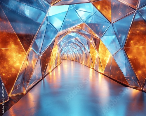 Stunning abstract tunnel design with glowing lights and reflective surfaces, creating a futuristic atmosphere, abstract tunnel background