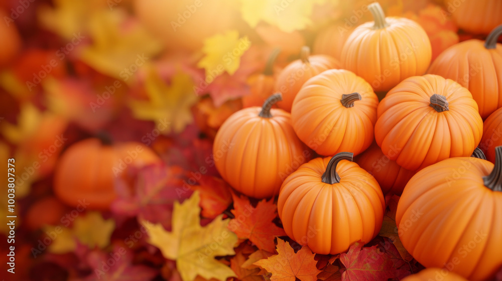 Group of vibrant pumpkins surrounded by colorful autumn leaves in a sunny setting Group of vibrant pumpkins surrounded by colorful autumn leaves in a sunny setting