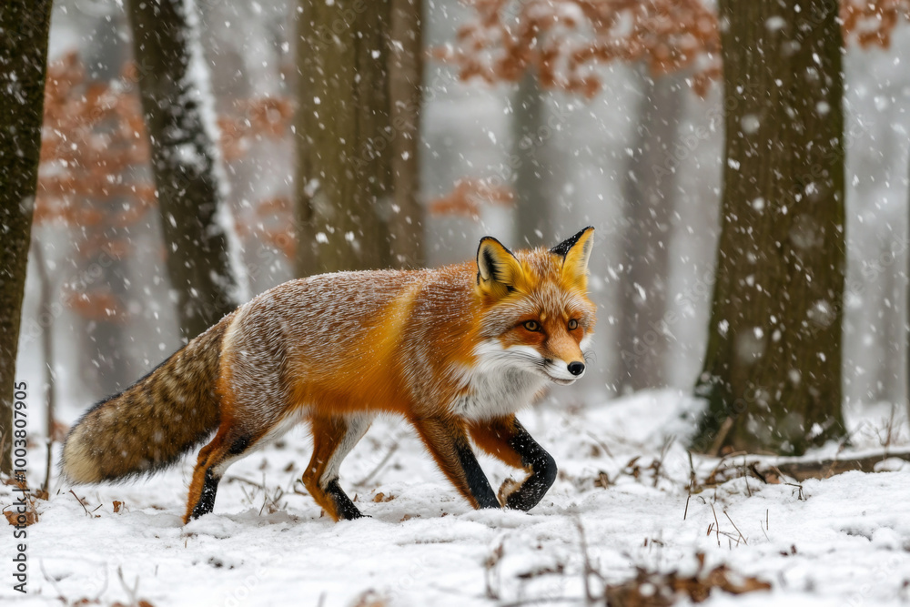 A red fox walks through a snowy forest during a winter snowfall in a tranquil setting A red fox walks through a snowy forest during a winter snowfall in a tranquil setting