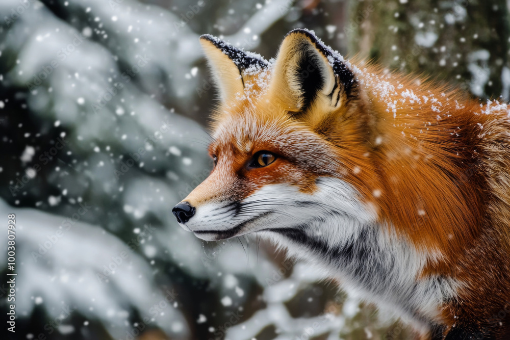 A red fox elegantly stands amidst falling snow in a tranquil winter forest setting A red fox elegantly stands amidst falling snow in a tranquil winter forest setting