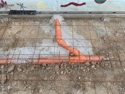 PVC sawage pipes in the ground for rainwater drainage. Orange plastic tubes under an iron mesh to build an slab outdoors. Drainpipe in a construction site. Ground gutter and Y drain connection piece.