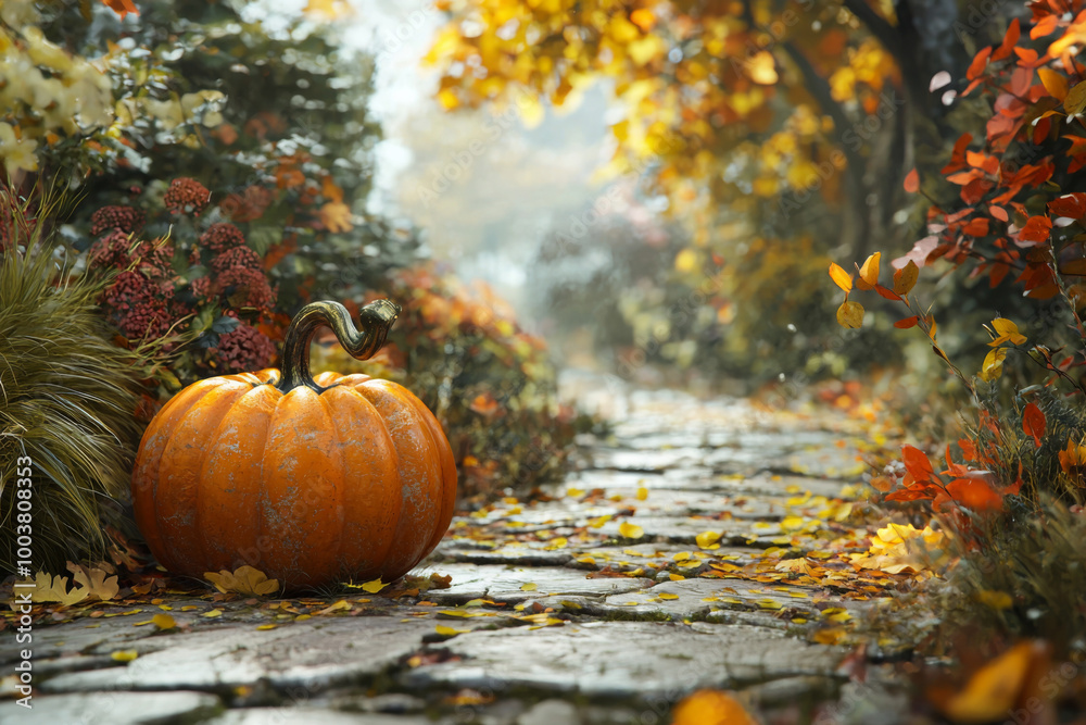 A vibrant autumn pathway lined with colorful leaves and a bright pumpkin amid fall foliage A vibrant autumn pathway lined with colorful leaves and a bright pumpkin amid fall foliage