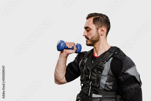 Muscular male athlete with dumbbells in EMS suit lifting weights, Strength progression: Isolated man using electro muscle stimulation, ideal for showcasing muscle development