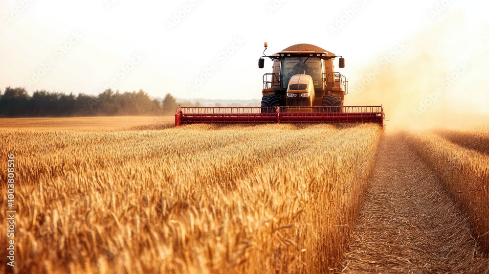 Fototapeta premium Combine harvester and tractor harvesting a ripe wheat field, a vast agricultural landscape showing the scale