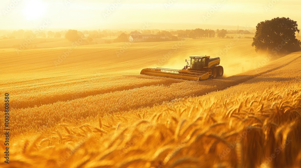 Fototapeta premium Combine harvester and tractor harvesting a ripe wheat field, a vast agricultural landscape showing the scale