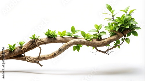 Long shot of realistic twisted jungle branch with plant growing isolated on white background