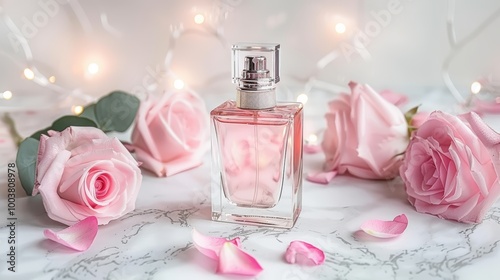 Elegant Perfume Bottle with Pink Roses and Petals