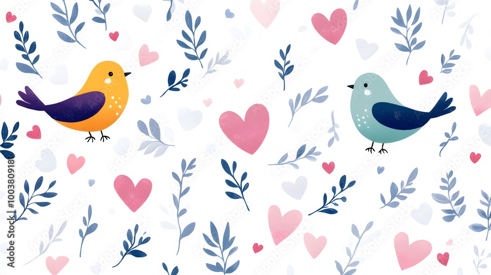 Colorful birds with heart and leaf motifs in a playful repeating pattern, bright tones against a crisp white background Colorful birds with heart and leaf motifs in a playful repeating pattern, bright tones against a crisp white background
