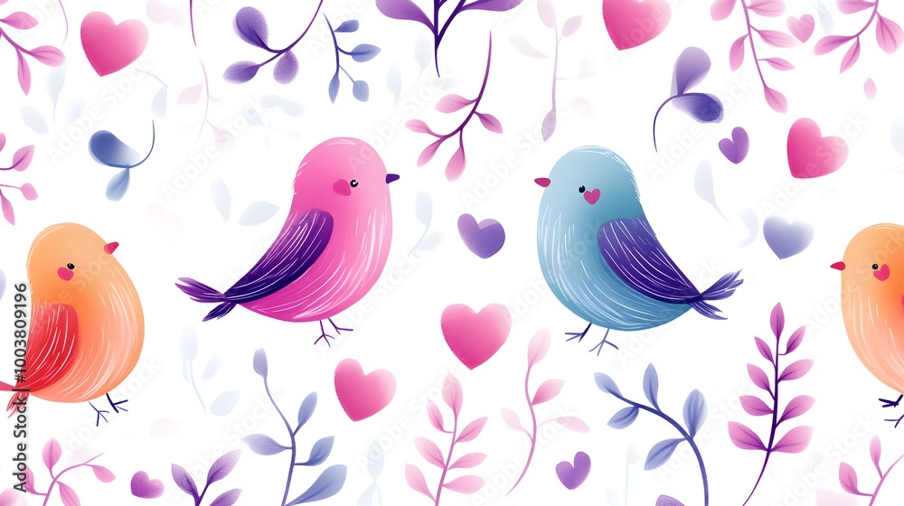 Colorful birds with heart and leaf motifs in a playful repeating pattern, bright tones against a crisp white background Colorful birds with heart and leaf motifs in a playful repeating pattern, bright tones against a crisp white background