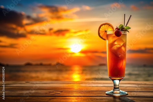Long shot orange cocktail on sunset background sea rocks