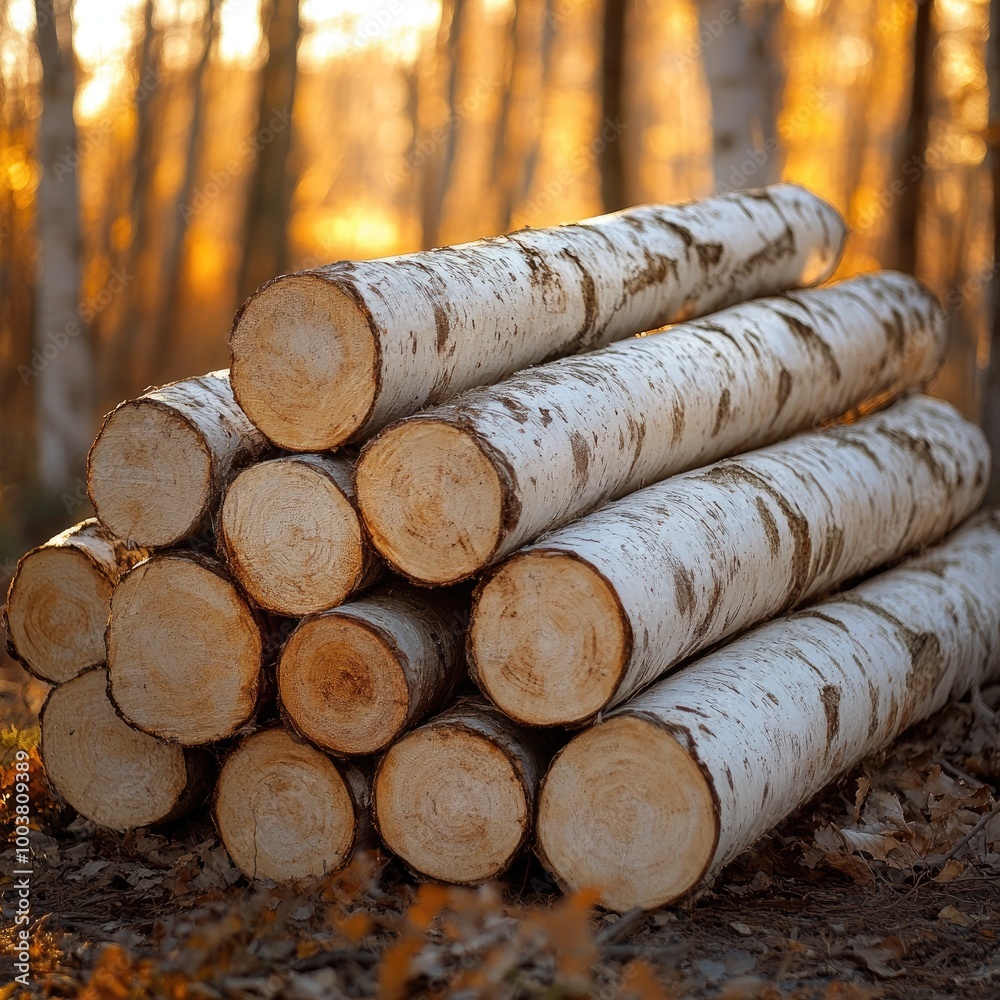 Stack of Birch Logs in a Forest with Golden Autumn Light Stack of Birch Logs in a Forest with Golden Autumn Light