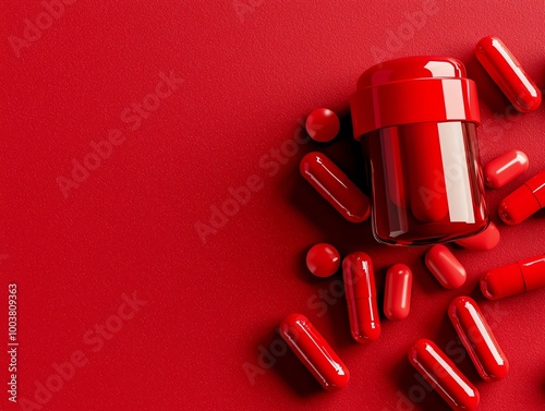 Red capsules and bottle on a matching red background, ideal for health and wellness themes. photo