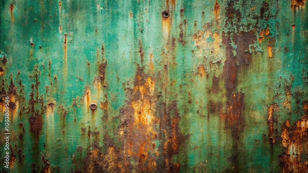 Long shot wall background with rustic metal texture corroded by rust and faded dark green paint with scratches and wear Long shot wall background with rustic metal texture corroded by rust and faded dark green paint with scratches and wear