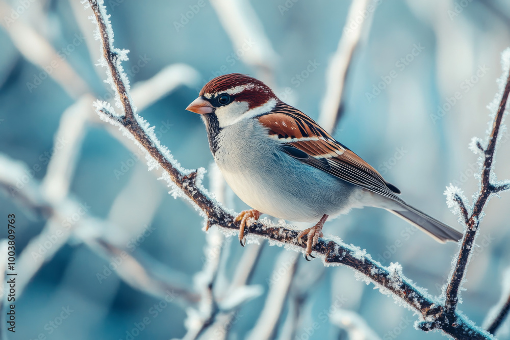 A close-up of a sparrow perched on a frost-covered branch in a winter landscape A close-up of a sparrow perched on a frost-covered branch in a winter landscape