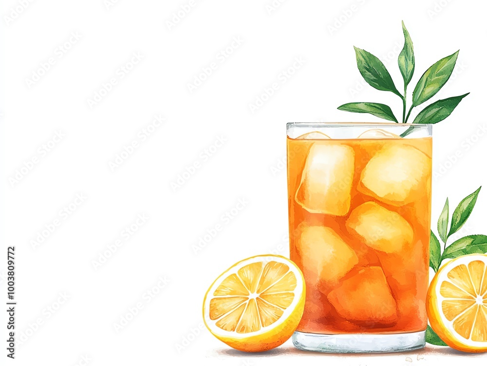 Fototapeta premium Refreshing iced tea with lemon slices and mint leaves on a white background.