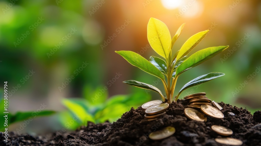 Growing plant with coins, symbolizing financial growth and sustainability. Growing plant with coins, symbolizing financial growth and sustainability.