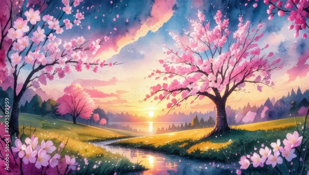 Serene Spring Landscape with Cherry Blossoms Serene Spring Landscape with Cherry Blossoms