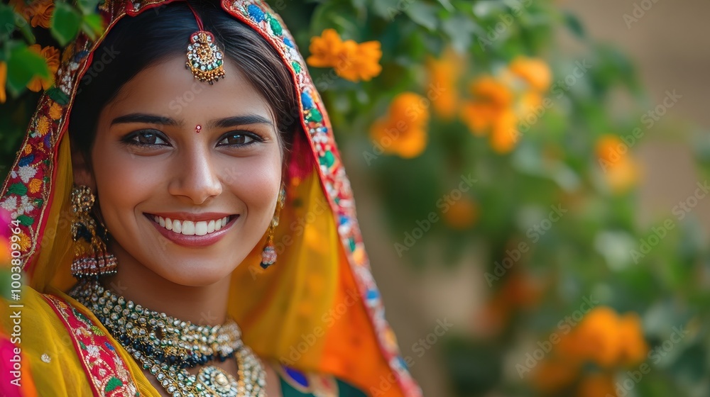 Fototapeta premium Indian woman from a rural village in vibrant attire smiles brightly, her colorful clothes and jewelry capturing the essence