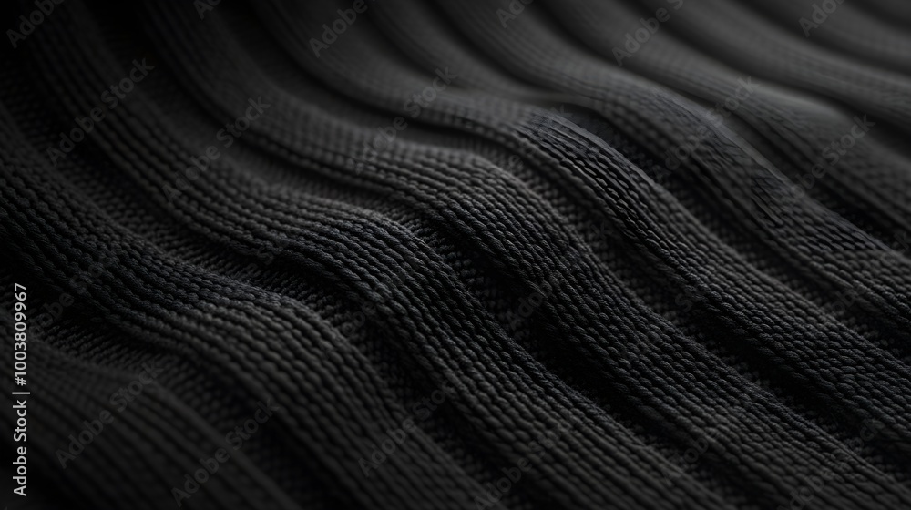 Fototapeta premium Detailed view of black knit fabric, highlighting its smooth texture and interwoven fibers, the light creating soft highlights and shadows