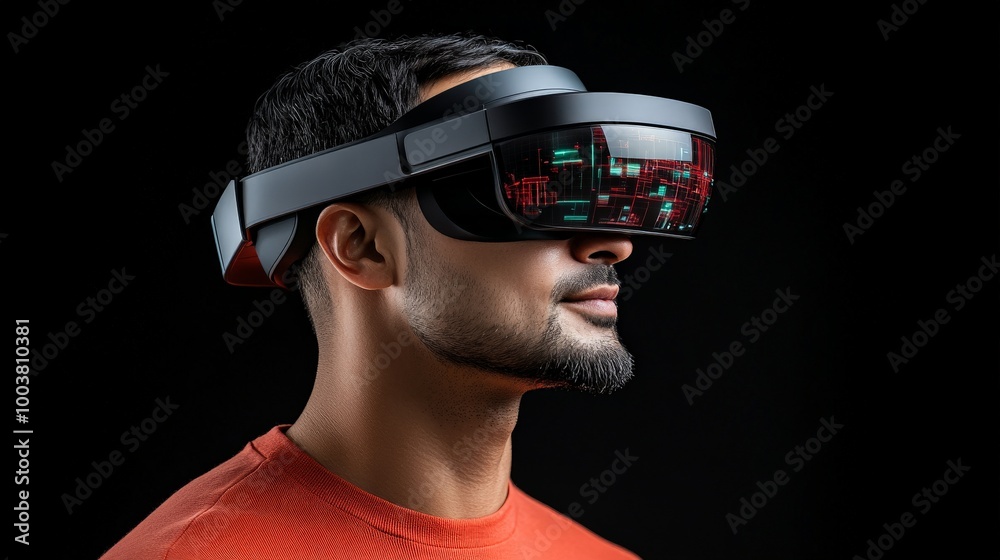 Immersed in Virtual Reality: A man with a beard, wearing VR headset, gazing into the digital world, his expression a mix of wonder and focus. Immersed in Virtual Reality: A man with a beard, wearing VR headset, gazing into the digital world, his expression a mix of wonder and focus.