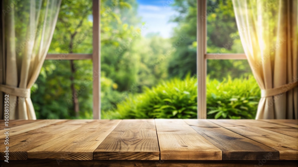 A stunning wooden tabletop against a blurred window, draped in an abstract curtain, showcases a breathtaking view of A stunning wooden tabletop against a blurred window, draped in an abstract curtain, showcases a breathtaking view of