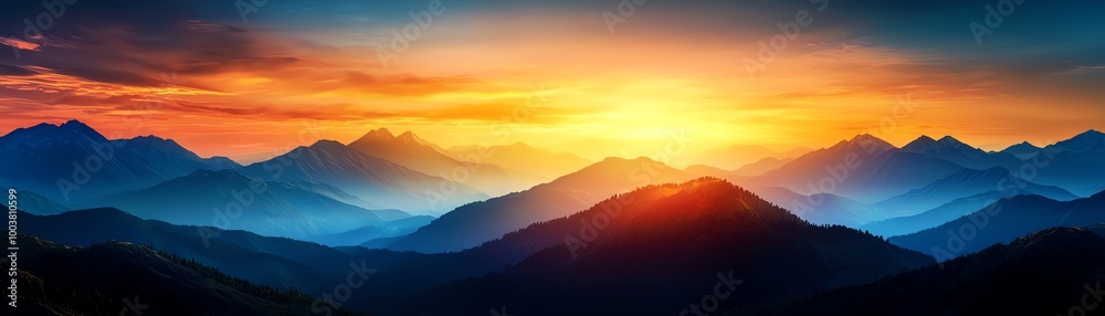 Fototapeta premium Stunning panoramic view of majestic mountains at sunset, with vibrant colors illuminating the sky.