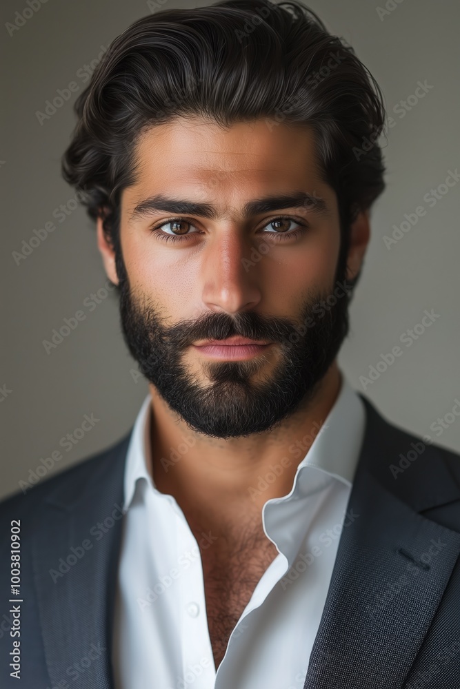 Stylish Italian man in a tailored suit with a confident expression in a neutral background setting Stylish Italian man in a tailored suit with a confident expression in a neutral background setting