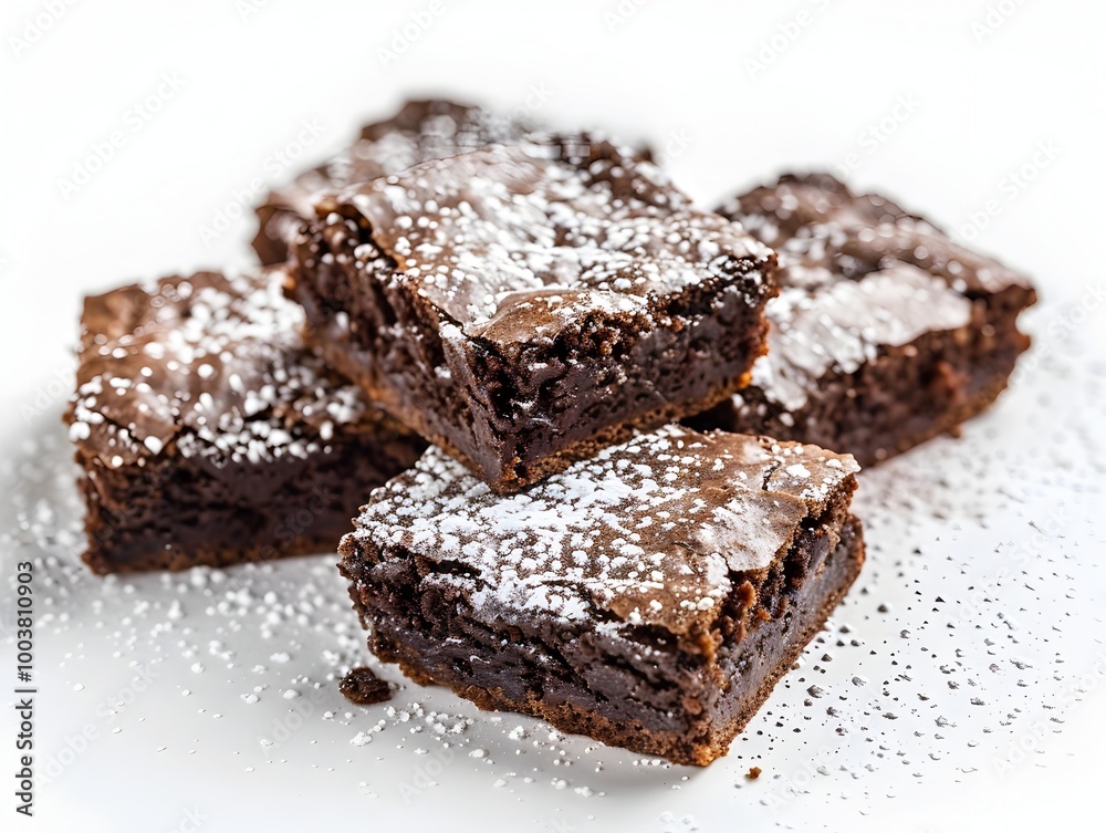 Decadent Chocolate Brownies with Powdered Sugar on White Backdrop Decadent Chocolate Brownies with Powdered Sugar on White Backdrop