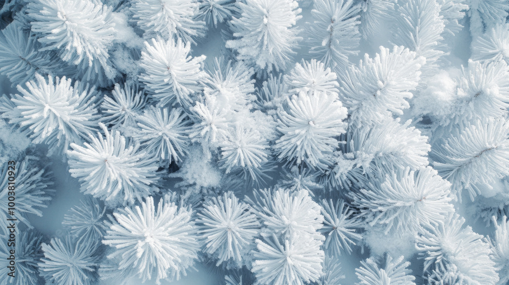 Frost-covered pine branches create a serene winter landscape in a snowy forest setting Frost-covered pine branches create a serene winter landscape in a snowy forest setting