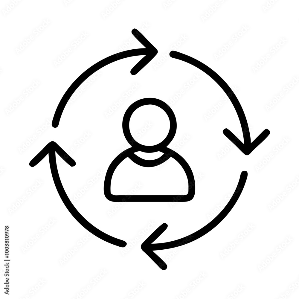 User interface icon depicting a cyclical process with a person surrounded by arrows User interface icon depicting a cyclical process with a person surrounded by arrows