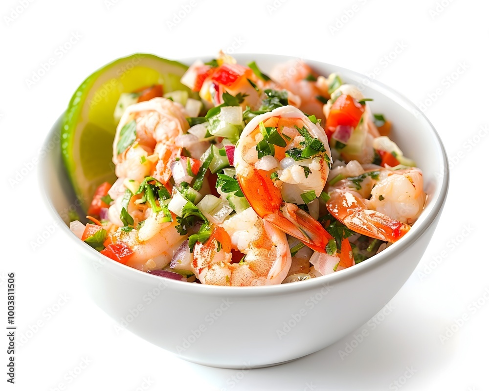 Flavorful Ceviche with Shrimp and Lime in White Bowl on Bright Background Flavorful Ceviche with Shrimp and Lime in White Bowl on Bright Background
