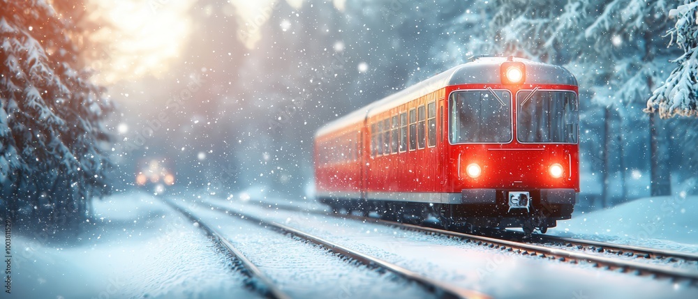 A red train traverses snow-dusted train tracks, bordering a forest of evergreens bathed in evening light during a snowy day A red train traverses snow-dusted train tracks, bordering a forest of evergreens bathed in evening light during a snowy day