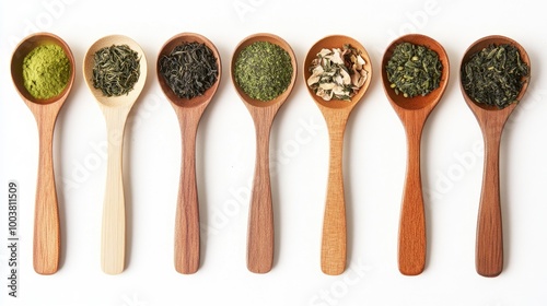 Wooden spoons filled with matcha, green tea, and other varieties, neatly arranged on a white background,