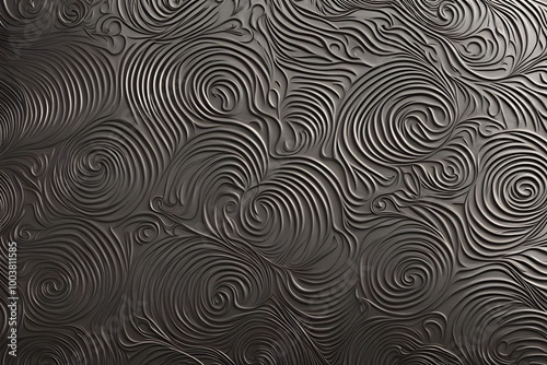 Minimalist spirals and wave patterns engraved on a metallic sleek iron surface, Ai Generated